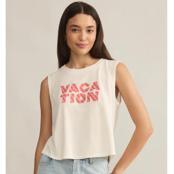 Z Supply La Mer Tank Top Sleeveless Vacation Graphic Sea Salt White Medium Boho - Picture 1 of 7